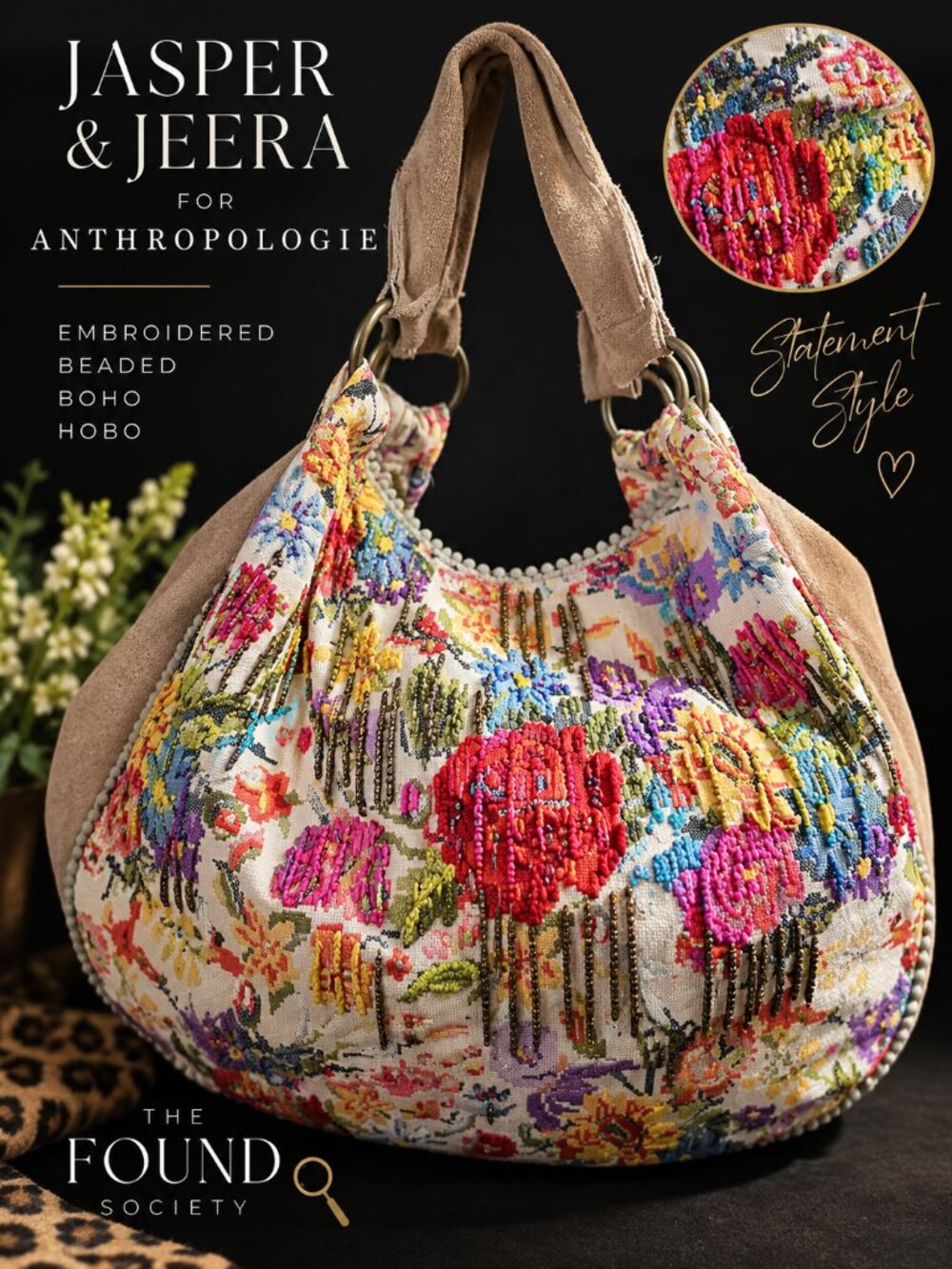 Anthropologie Jasper & Jeera Embroidered Beaded Floral Hobo Bag Boho Large